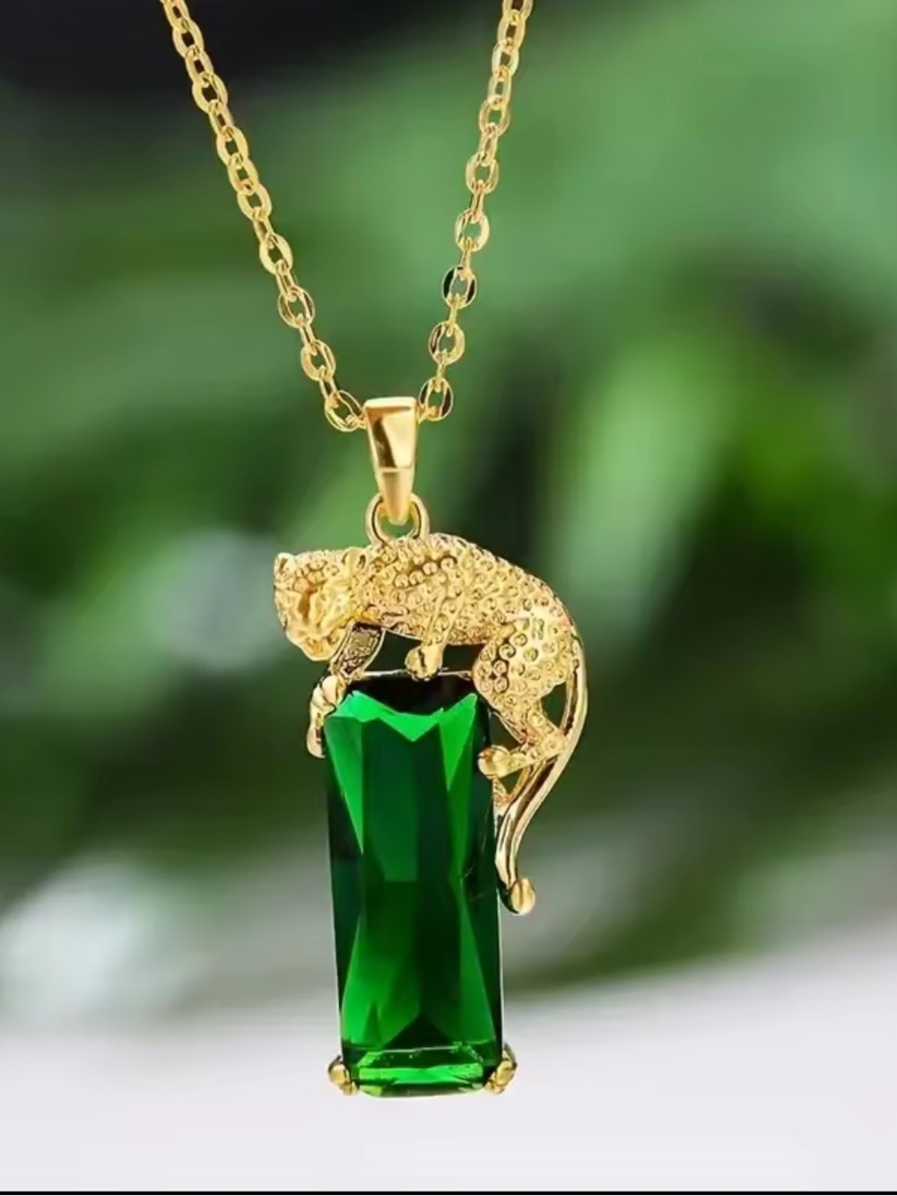 Gold Panther Pendant Necklace with Emerald Green Crystal - Picture 4 of 6